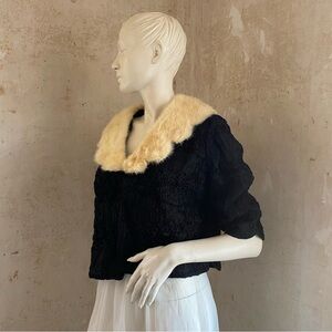Stunning Opera Jacket Black Ribbon Details Fur Collar